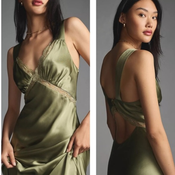 Reformation Chania Silk Maxi Dress with Lace in Artichoke Green Size Small - Picture 3 of 6